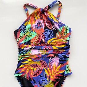Blue Rod Beattie One Piece Keyhole Swimsuit with Tropical Print
